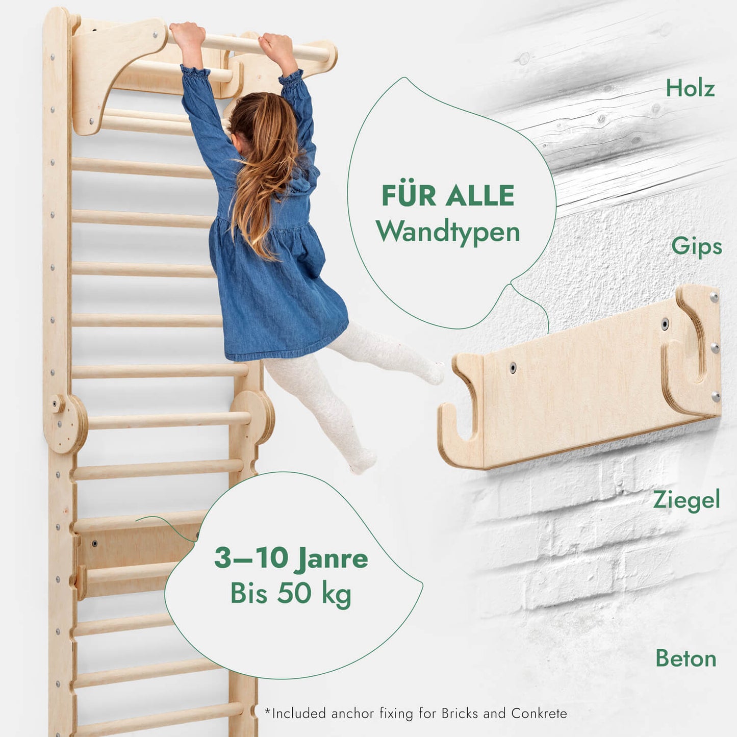 6in1 Kletterwand Indoor: Sprossenwand, Gymnastikringe, Hängende Leiter, Disc-Schaukel, Rutsche und Klimmzugstange für Kinder-5