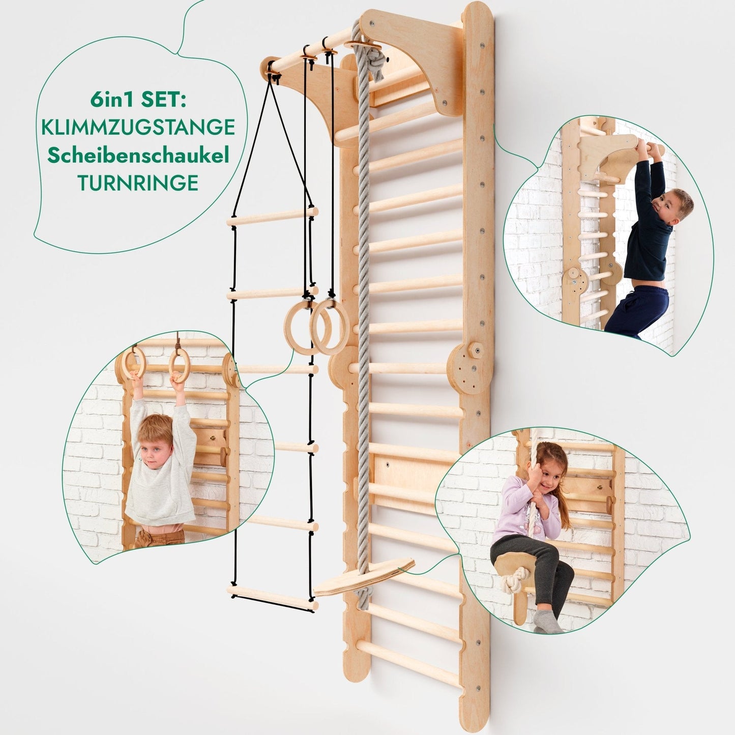 6in1 Kletterwand Indoor: Sprossenwand, Gymnastikringe, Hängende Leiter, Disc-Schaukel, Rutsche und Klimmzugstange für Kinder-6