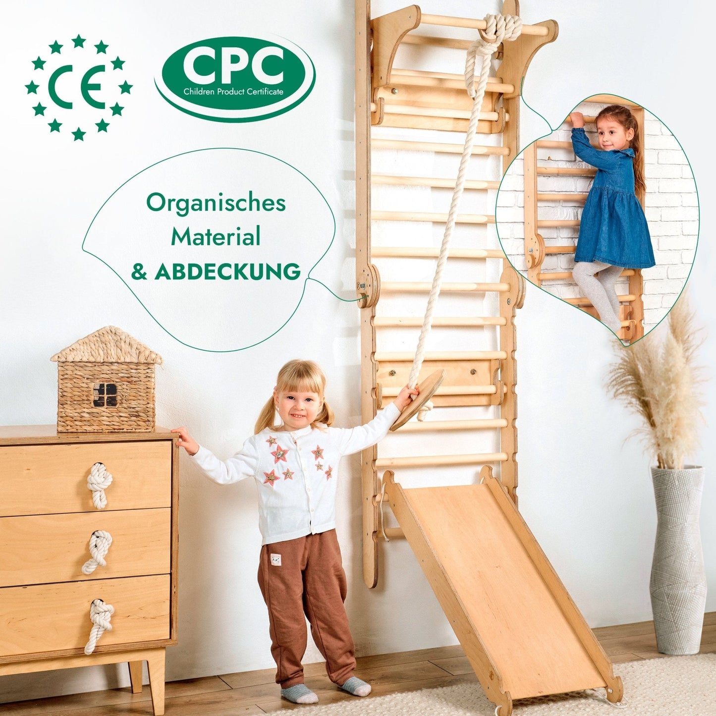 6in1 Kletterwand Indoor: Sprossenwand, Gymnastikringe, Hängende Leiter, Disc-Schaukel, Rutsche und Klimmzugstange für Kinder-7
