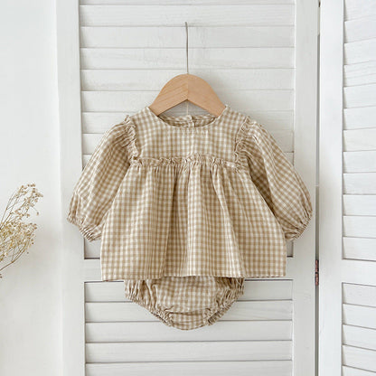 Autumn Hot Selling Baby Girls Long Sleeves Plaid Top Dress And Bloomer Clothing Set-4
